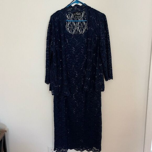 Alex Evenings Dresses & Skirts - Alex Evenings Navy Blue Lace Sequin Midi Wedding Guest Dress and Jacket Size 14